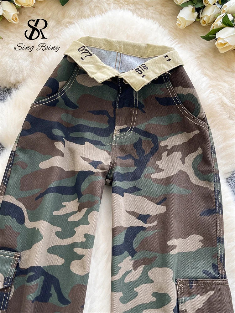 SINGREINY Camouflage Printed Wide Leg Pants women 2025 Autumn Workwear Style Casual Britches Straight Leg Denim Vintage Trousers