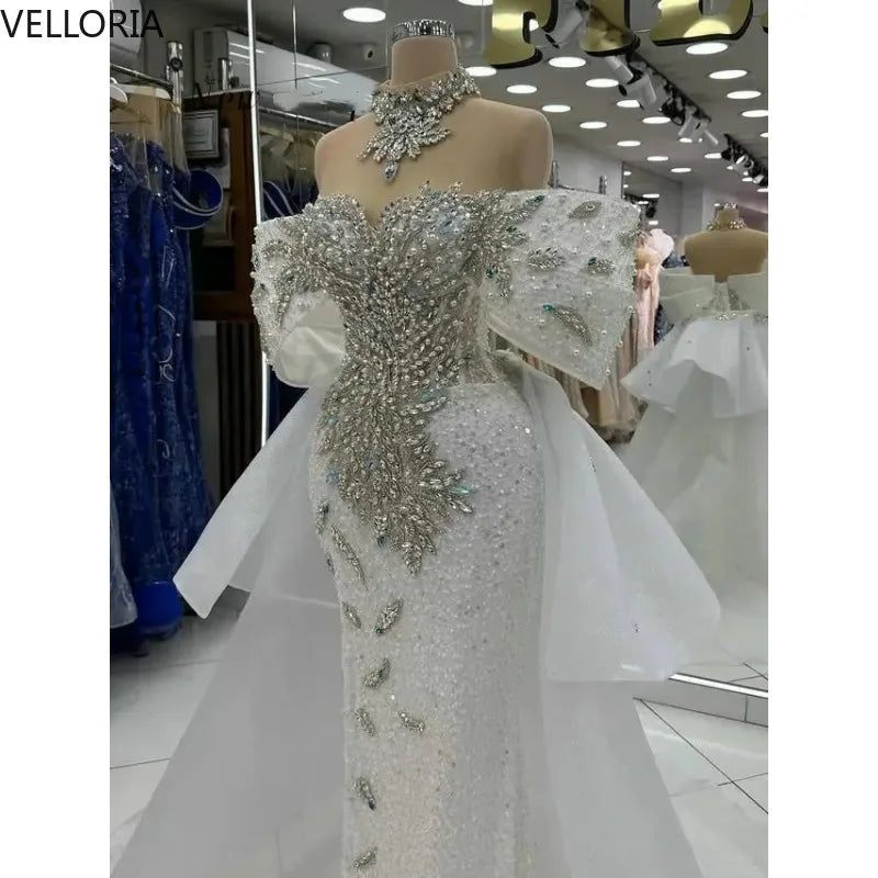 Luxury Evening Dresses For Women Off Shoulder Sleeveless Ball Gown Pearls Appliques Crystal Train Party Dress vestido Customized
