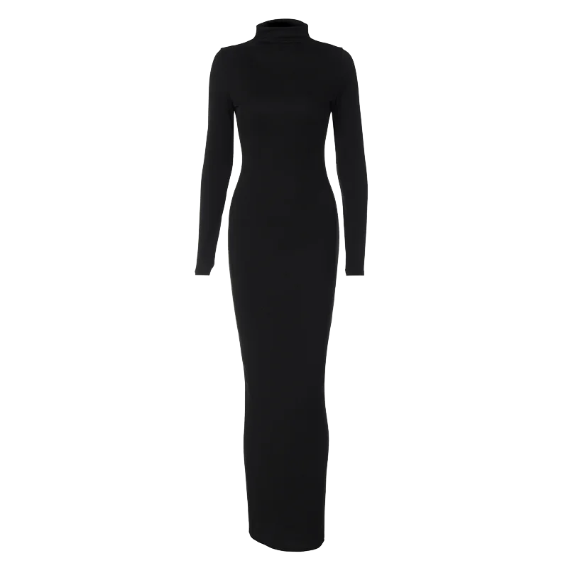 Fall Women Fashion Elegant  Solid Turtleneck Long Sleeve Sexy Bodycon Maxi Prom Dress  Outfit Evening Party Club