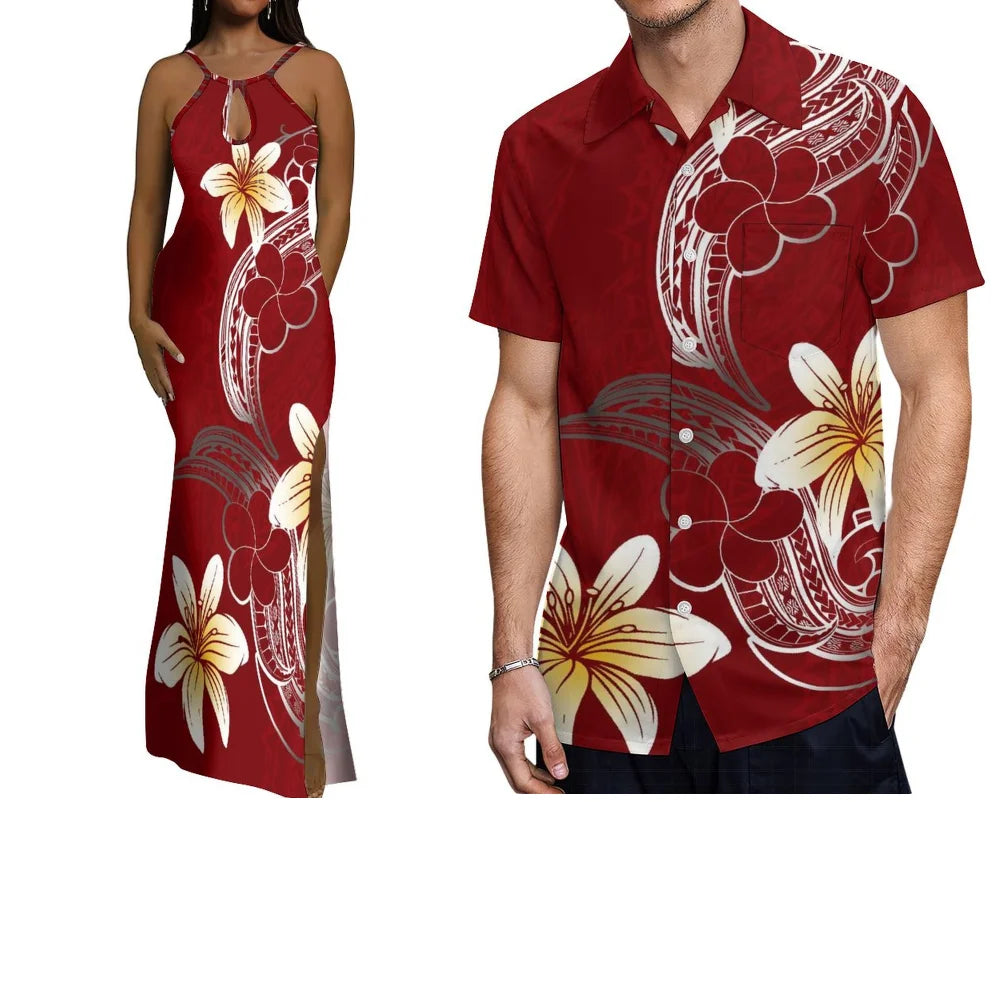 Polynesian Custom-Made Couple Set  Hawaiian-Style Printed Design  Vacation-Style Women'S Halter Dress  Men'S Pocket Shirt Top