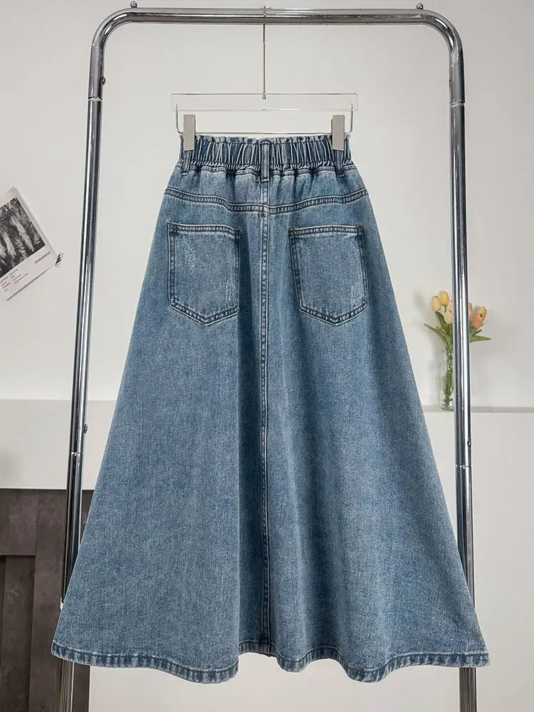 New Denim Long Skirt High Waist Loose Solid Leisure A- Line Umbrella Skirt Spring Autumn Fashion Women's Half Body Skirt