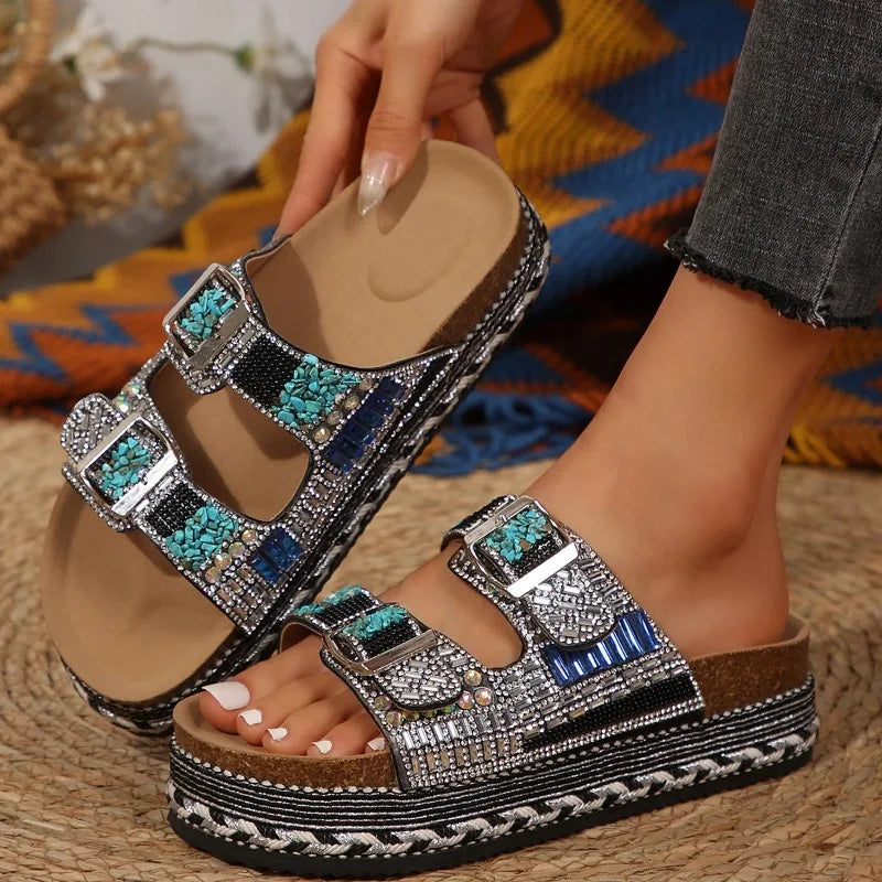 Metal Buckle Soft Sole Flip-flops Women's Outer Summer New Fashion and Versatile Rhinestone Wedge Non-slip Cool Slippers