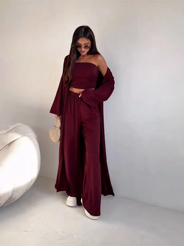 Summer Women's Clothing Casual 3Pcs Strapless Vest Long Cardigan Wide-Leg Pants Suit Lady Elegant Office Wear Outfits for Female