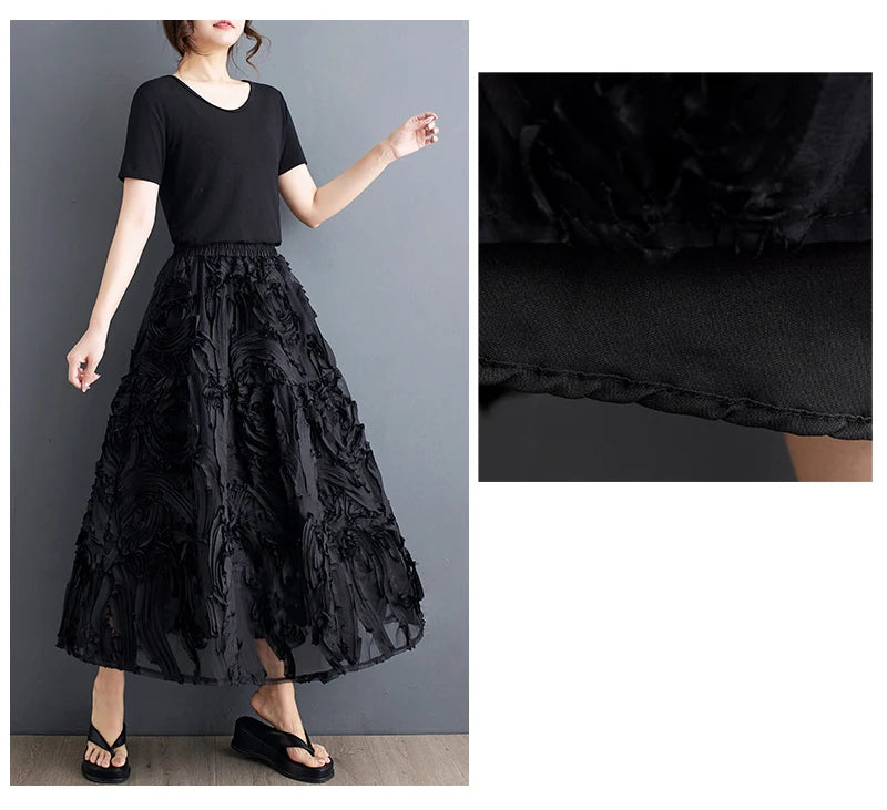 Black Skirt for Women Summer Fashin Heavyweight Chic Design Pleated A-line Easy Match Elastic Waist Dress Female Creative Skirt