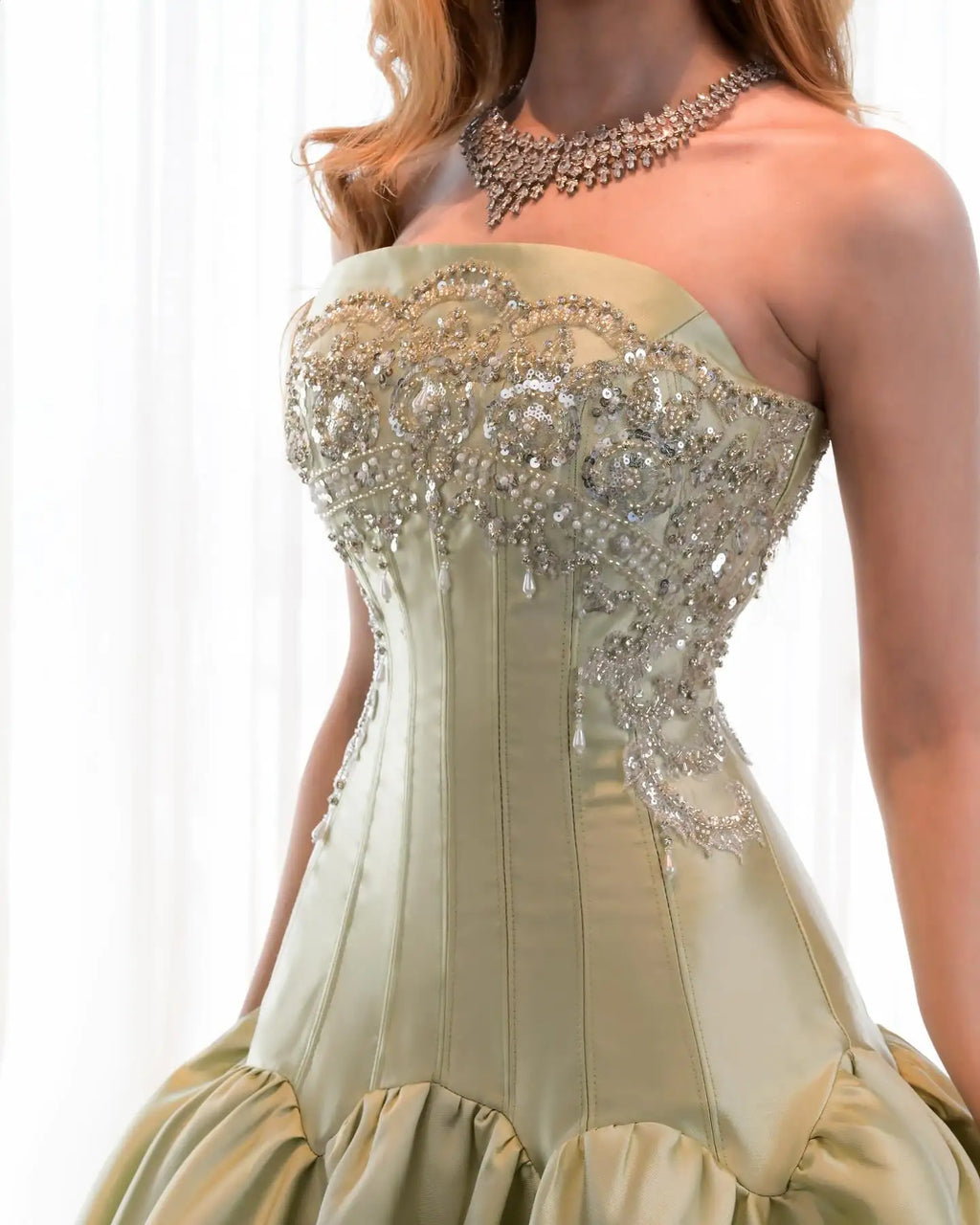 Sansa Customized 2026 Elegant Champagne Gold Strapless Prom Dresses Beaded Corset Satin Ball Gown Formal Evening Gowns Vestidos
