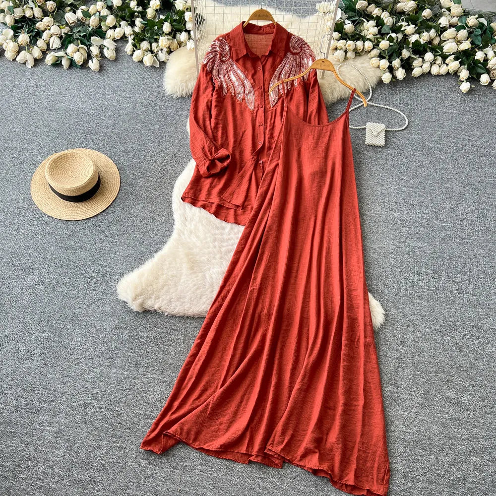 Women Two Piece Sets Dress Set Full Sleeve Shirt Casual Loose Long Dresses Sling A Line Y2k Streetwear Elegant Work Summer 2026