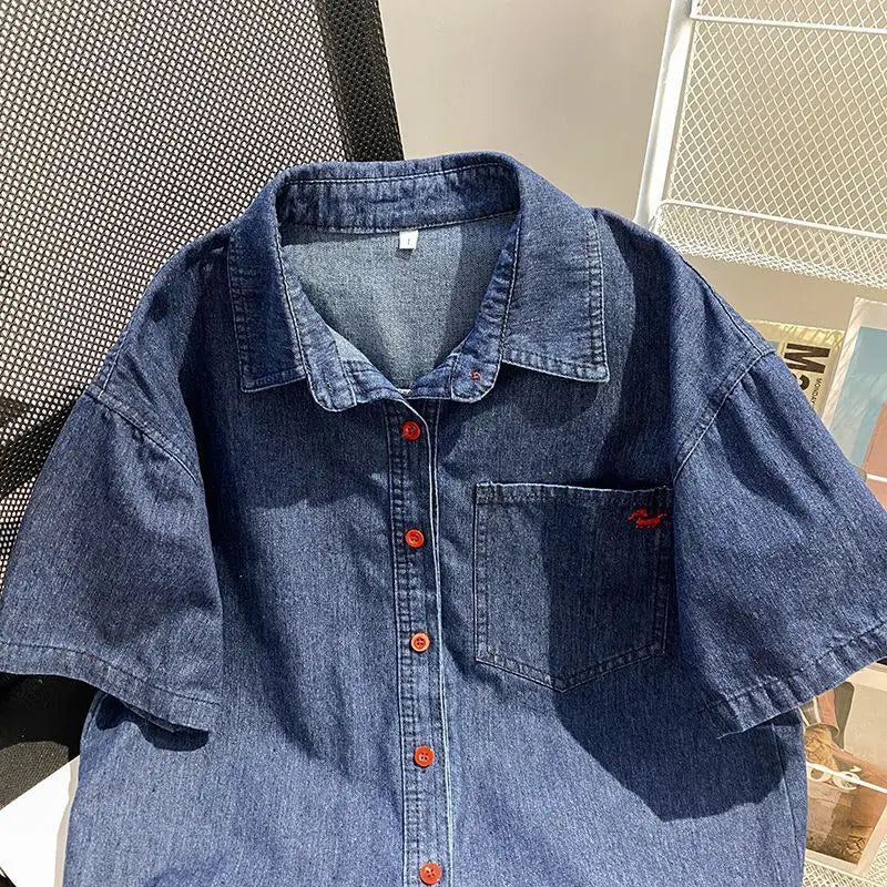Denim Pant Set Women Two Piece Sets Turn Down Collar Shirt Tops Short Pants Lace Up Elastic Waist Y2k Streetwear Elegant Casual
