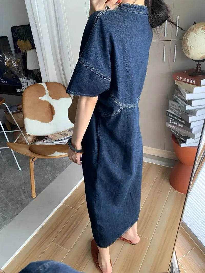 Long Dress Women Denim Dresses V Neck Short Sleeve A Line Vestidos Elegant Splice Single Breasted Y2k Streetwear Work Vintage