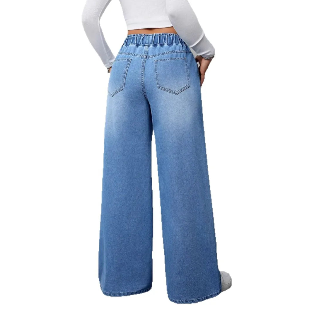 Retro Heavyweight Light Blue Denim High Waist Loose Straight Elastic Waist Wide Leg Pants Women Summer Design Sense Jeans
