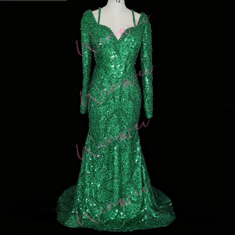 Customized Lace Sparkling Reception Gowns Prom Dresses Black Women Birthday Evening Dresses Elegant Long Sleeves Beaded
