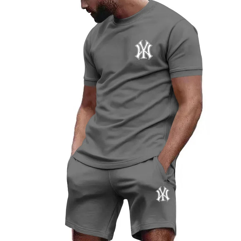 New hot selling 2026 men's two-piece sportswear short sleeved T-shirt and pants set running fitness summer