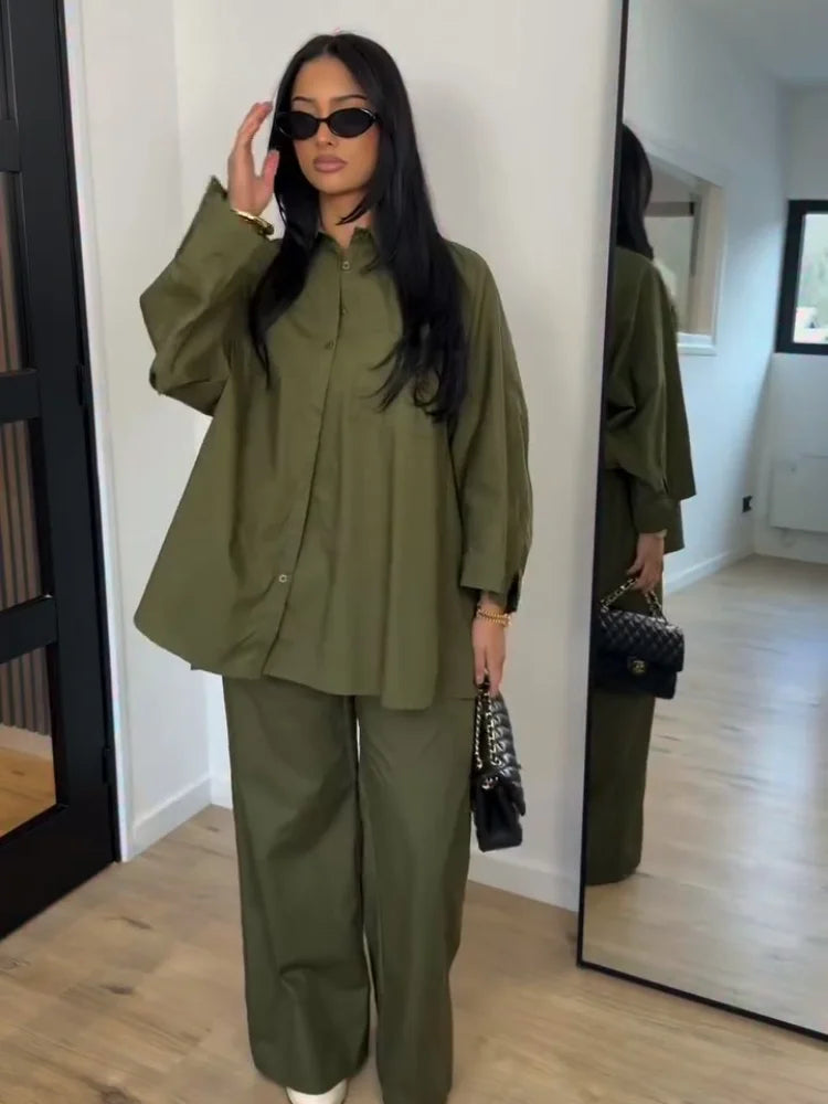 Lapel Short Sleeve Pocket Solid Color Shirt Pants Set Loose Fit Straight Leg Trouser 2026 Spring Casual Women Daily Outfit
