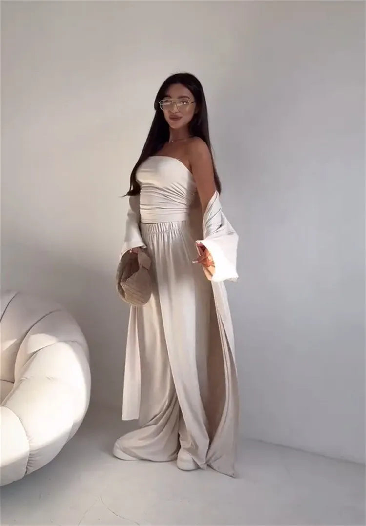 2 Piece Set Women's Summer Suit Black Crop Top Beige Wide Leg Pants Maxi Length White Long Pants Ruched Waist Solid Color