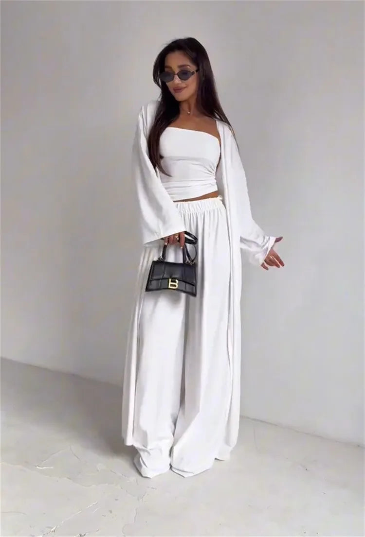 2 Piece Set Women's Summer Suit Black Crop Top Beige Wide Leg Pants Maxi Length White Long Pants Ruched Waist Solid Color