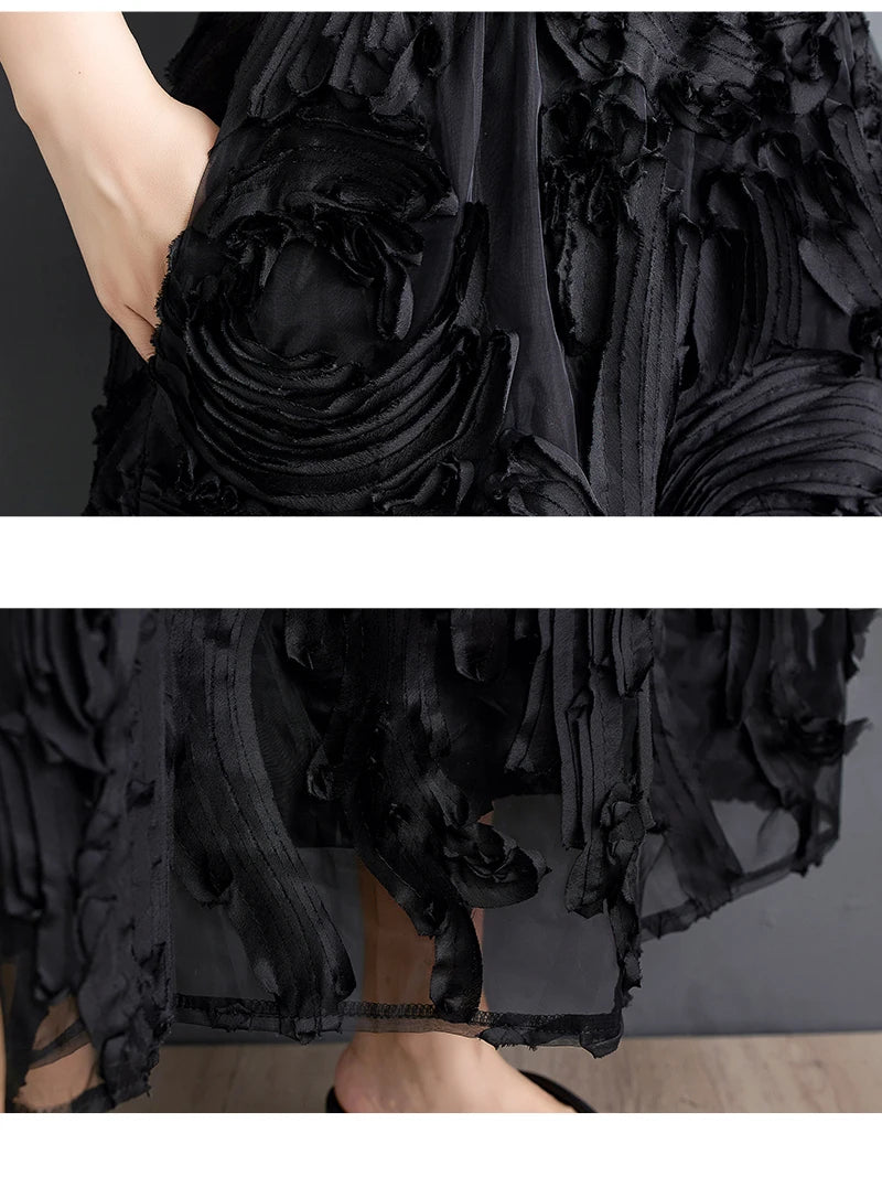 Black Skirt for Women Summer Fashin Heavyweight Chic Design Pleated A-line Easy Match Elastic Waist Dress Female Creative Skirt