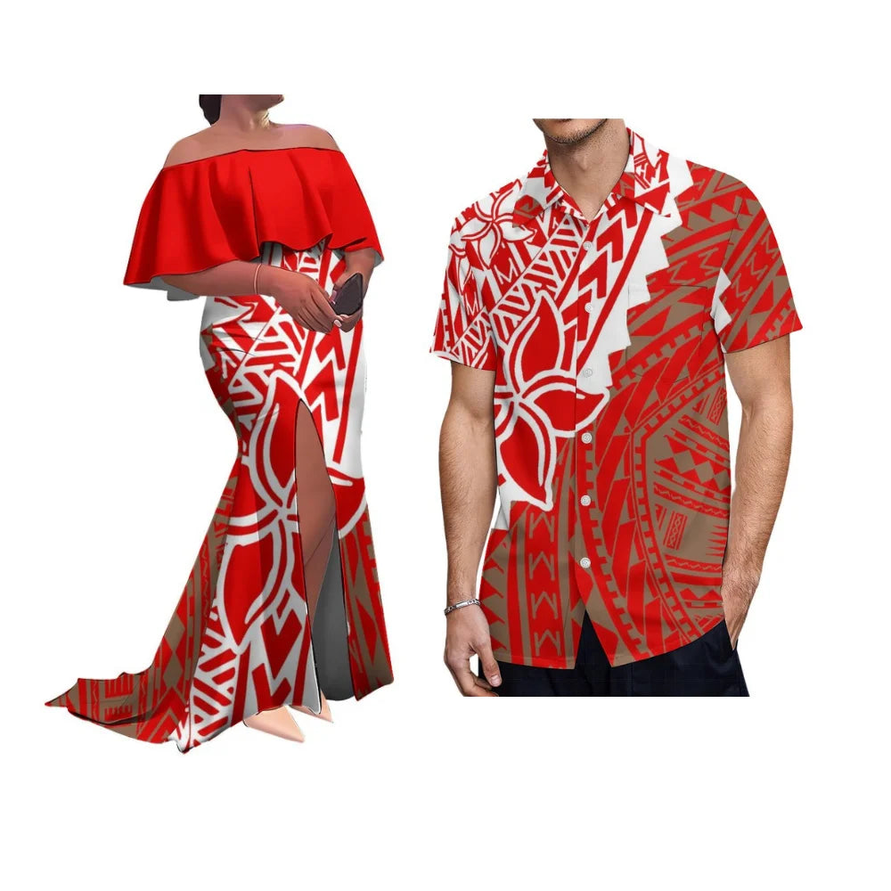 Customized Patterned Soft Fabric Tribal Ethnic Couple'S Outfit Polynesian Women'S Ruffled Collar Floor-Length Dress With Slit