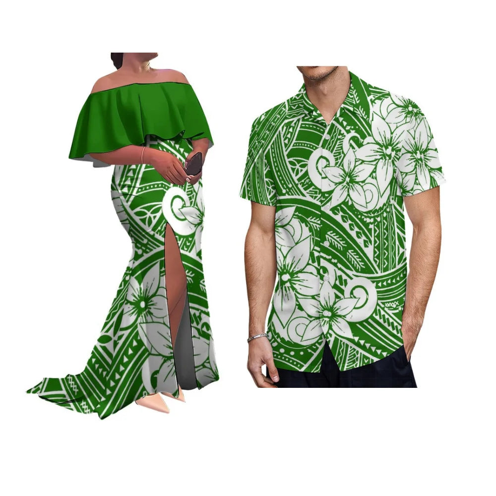Customized Patterned Soft Fabric Tribal Ethnic Couple'S Outfit Polynesian Women'S Ruffled Collar Floor-Length Dress With Slit