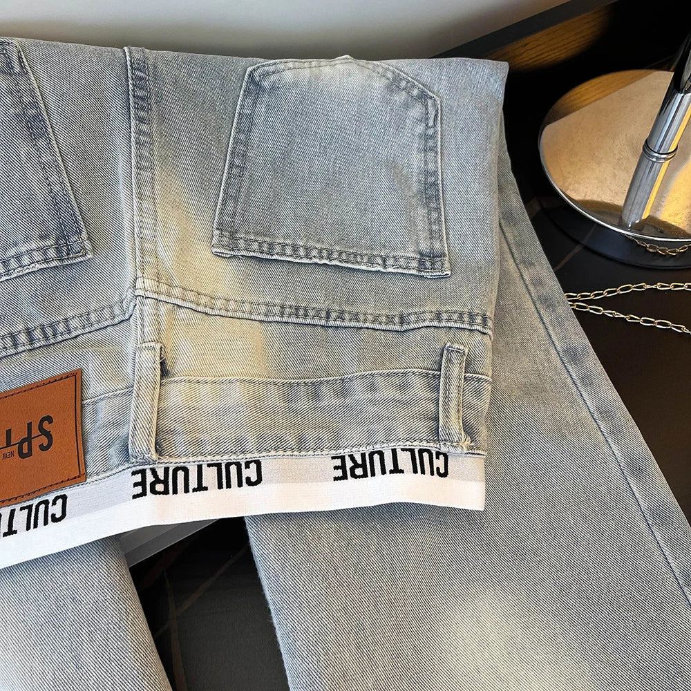 American Vintage Ripped Patchwork Jeans for Women Light Blue High Waist Straight Loose Denim Pants Spring Fall Wide Leg Trousers