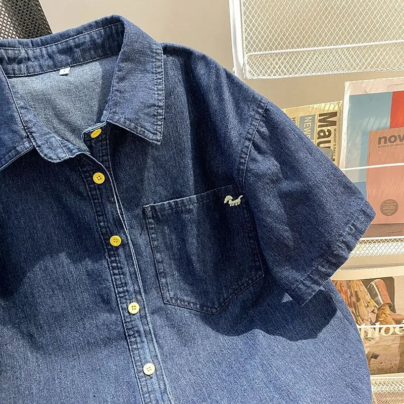 Denim Pant Set Women Two Piece Sets Turn Down Collar Shirt Tops Short Pants Lace Up Elastic Waist Y2k Streetwear Elegant Casual