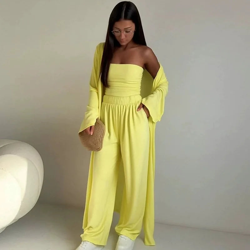 Summer Women's Clothing Casual 3Pcs Strapless Vest Long Cardigan Wide-Leg Pants Suit Lady Elegant Office Wear Outfits for Female