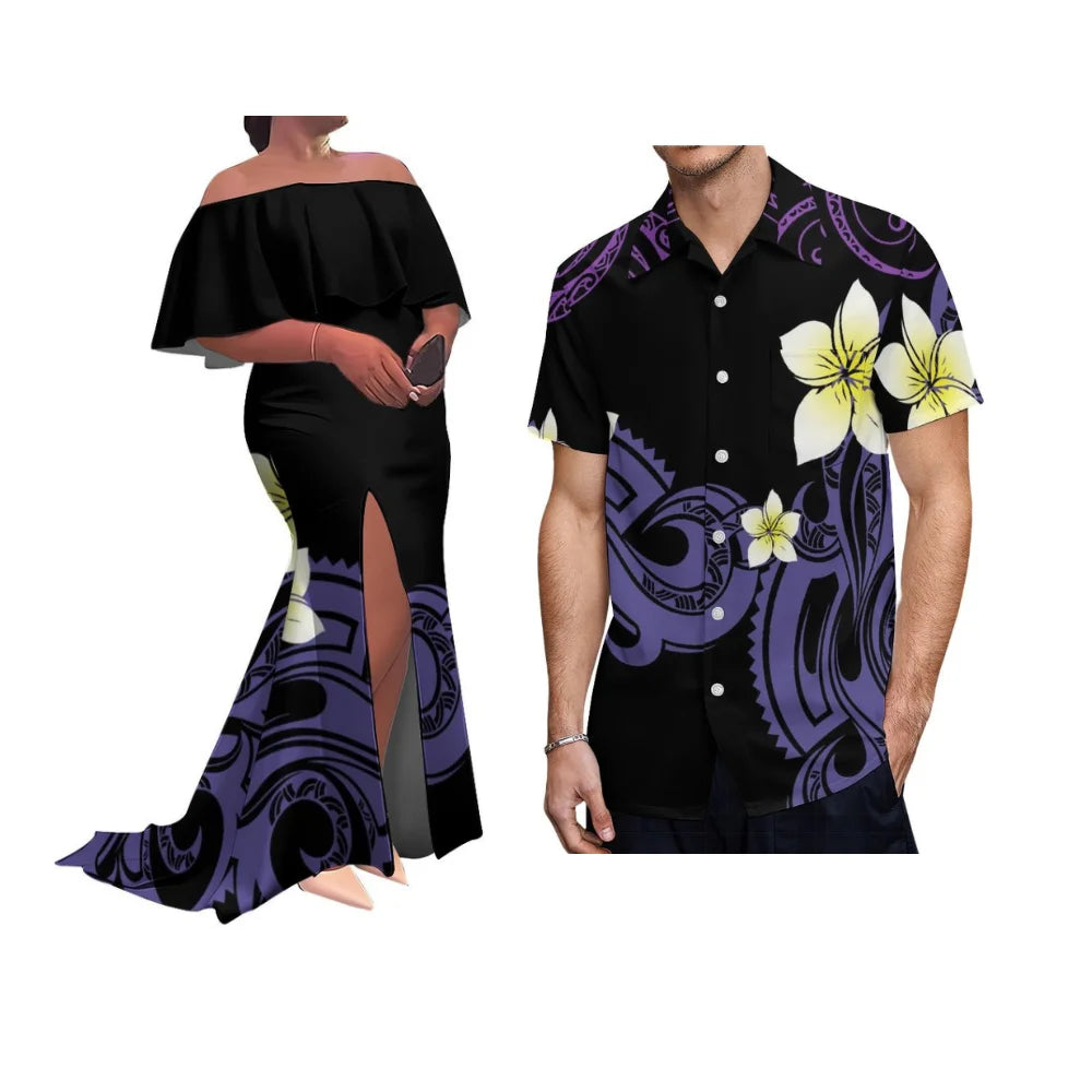 Customized Patterned Soft Fabric Tribal Ethnic Couple'S Outfit Polynesian Women'S Ruffled Collar Floor-Length Dress With Slit