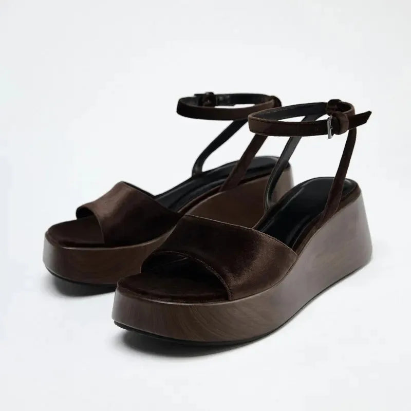 Women's Retro Velvet Wedge Sandals Platform Heels, Open Toe Ankle Strap Clogs Comfortable for Beach Resort Vacation Party