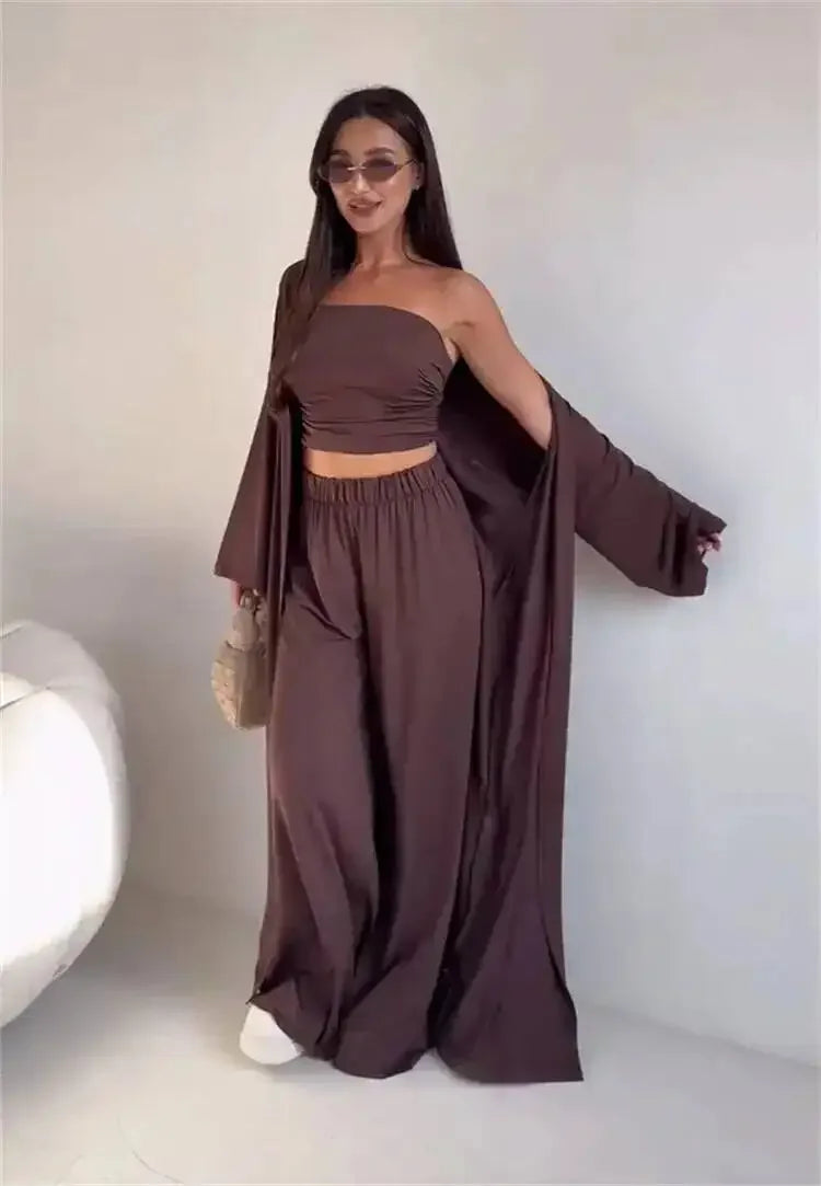 Summer Women's Clothing Casual 3Pcs Strapless Vest Long Cardigan Wide-Leg Pants Suit Lady Elegant Office Wear Outfits for Female