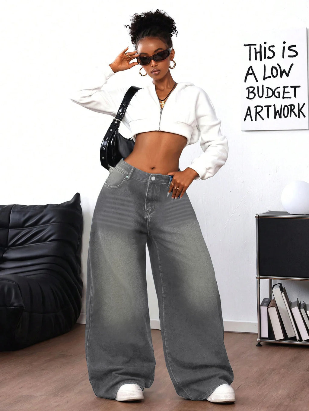 Grey Washed Loose Women's Long Floor-Length Wide Leg Jeans Casual Straight Cut Trousers Comfortable Cotton Denim Jeans