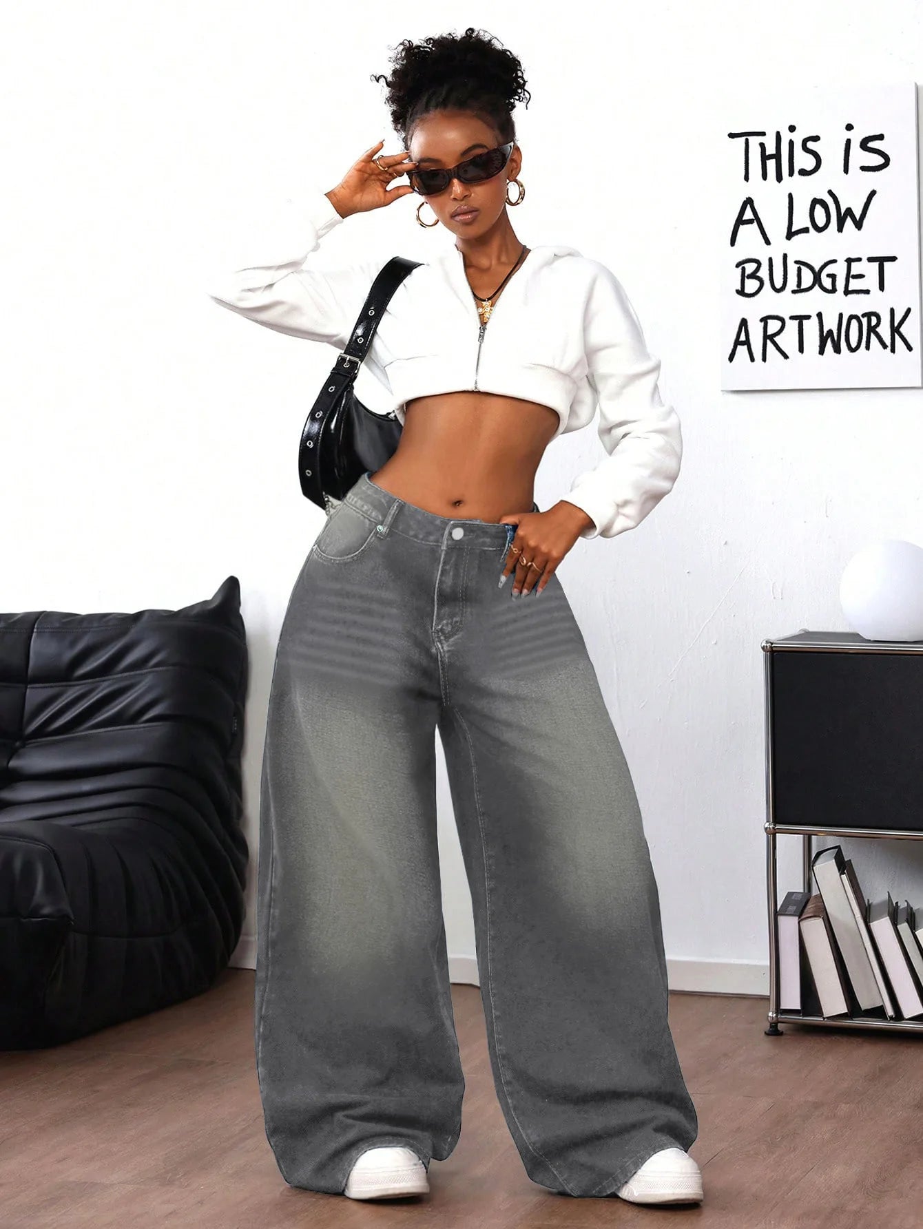 Grey Washed Loose Women's Long Floor-Length Wide Leg Jeans Casual Straight Cut Trousers Comfortable Cotton Denim Jeans