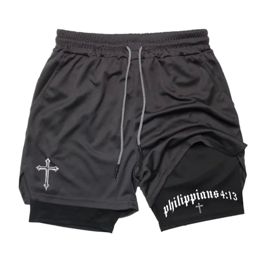 Latest Cross Bible Graphic 2-in-1 Athletic Shorts Men Fitness Christian Gym Workout Running with Cell Phone Pocket Towel Shorts