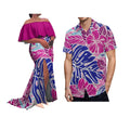 Customized Patterned Soft Fabric Tribal Ethnic Couple'S Outfit Polynesian Women'S Ruffled Collar Floor-Length Dress With Slit