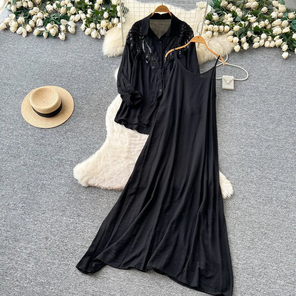 Women Two Piece Sets Dress Set Full Sleeve Shirt Casual Loose Long Dresses Sling A Line Y2k Streetwear Elegant Work Summer 2026