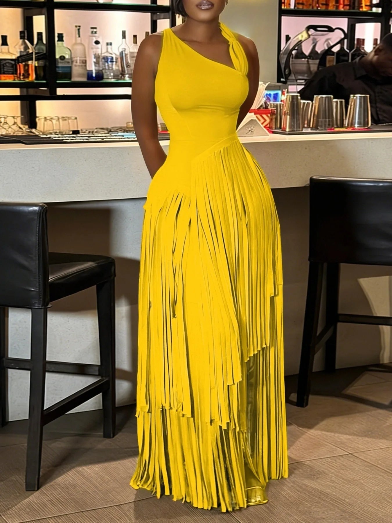 Women's Summer Sexy Aura Fashion Design Solid Color Tassel Dress Skirt Bodycon Maxi Dress
