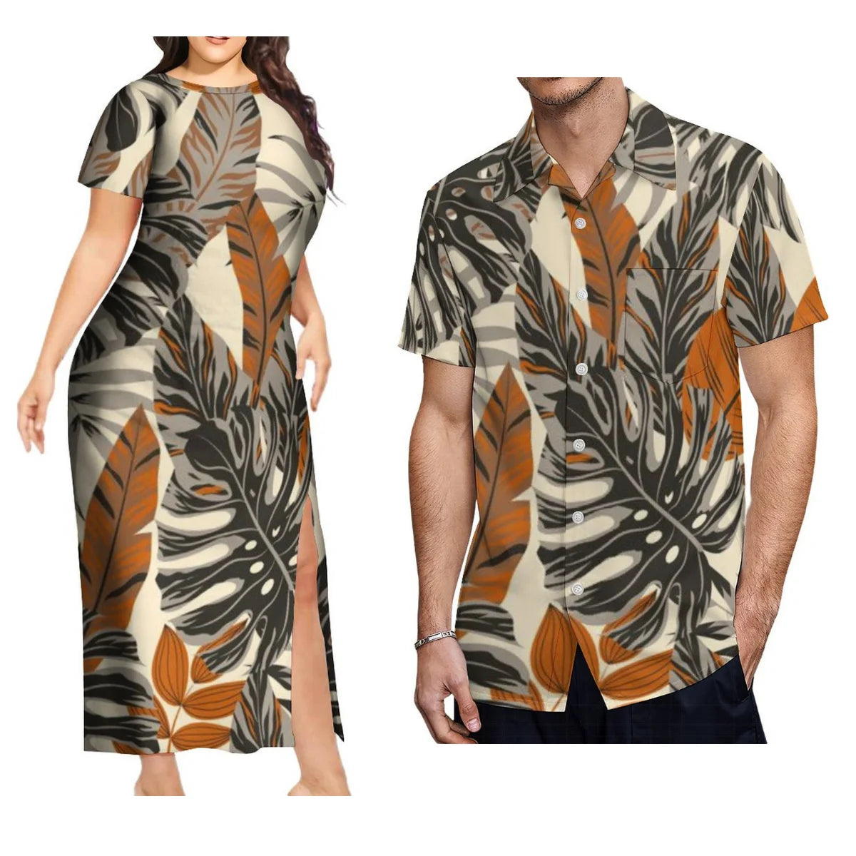 Support Custom Samoan National Dress Women'S Crew-Neck Maxi Dress Fashion Slit Dress With Men'S Short-Sleeved Shirt 9xl