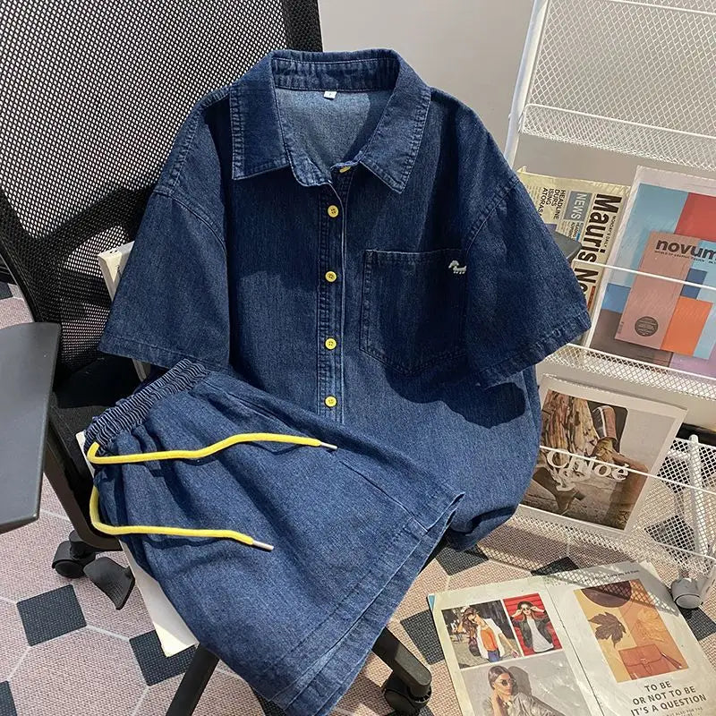 Denim Pant Set Women Two Piece Sets Turn Down Collar Shirt Tops Short Pants Lace Up Elastic Waist Y2k Streetwear Elegant Casual