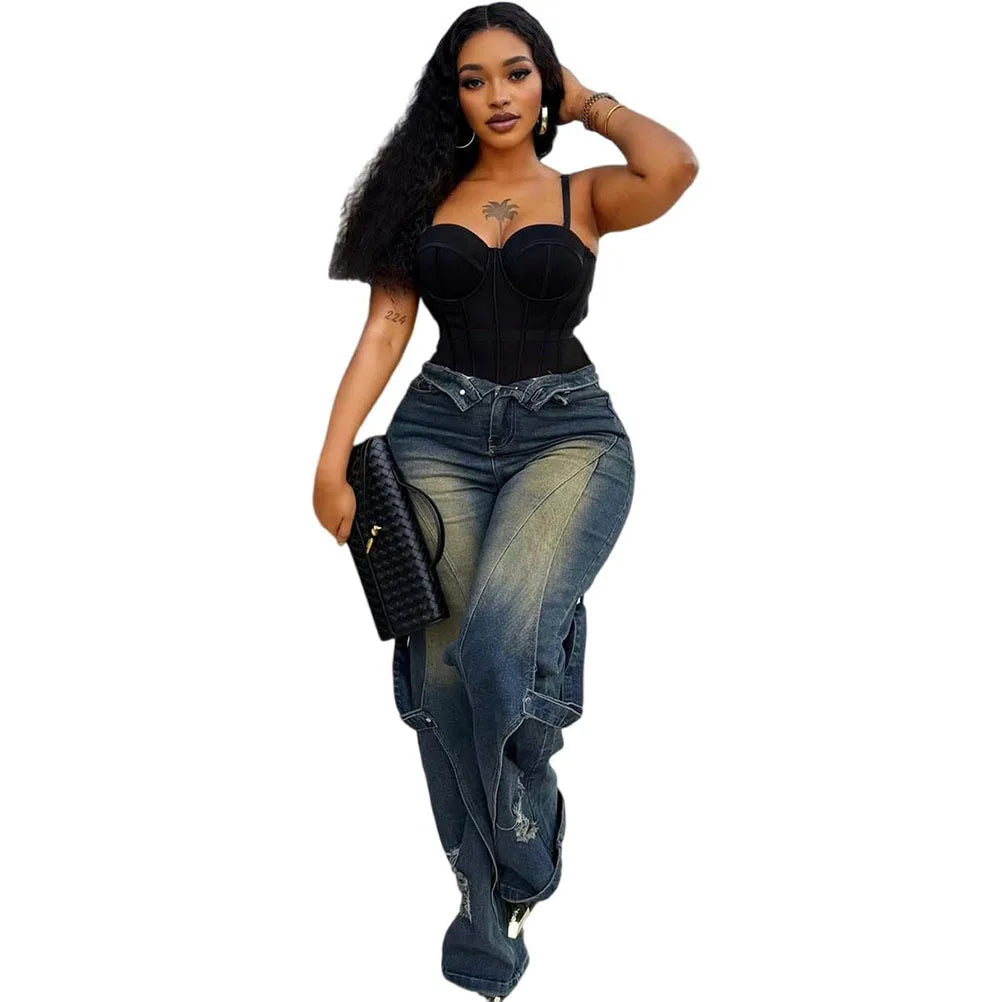 Denim Cargo Pant Women Jeans Vintage Wide Leg Long Pants High Waist Straight Trousers Hole Y2k Streetwear Elegant Casual 2026