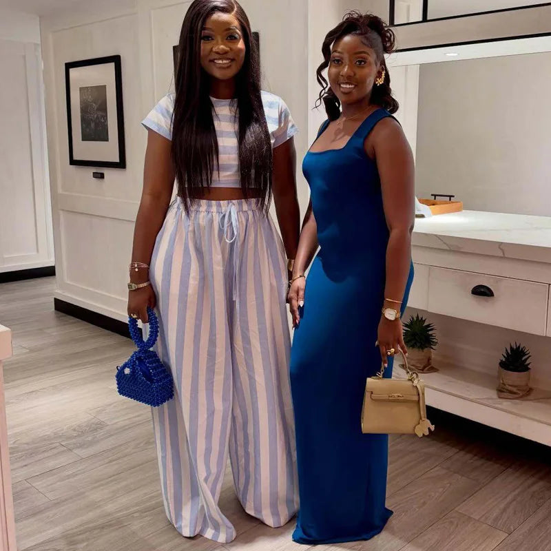 New African Fashion Women Two Piece Set Striped Printed Slim Crop Top And Loose Wide Leg Pants Set