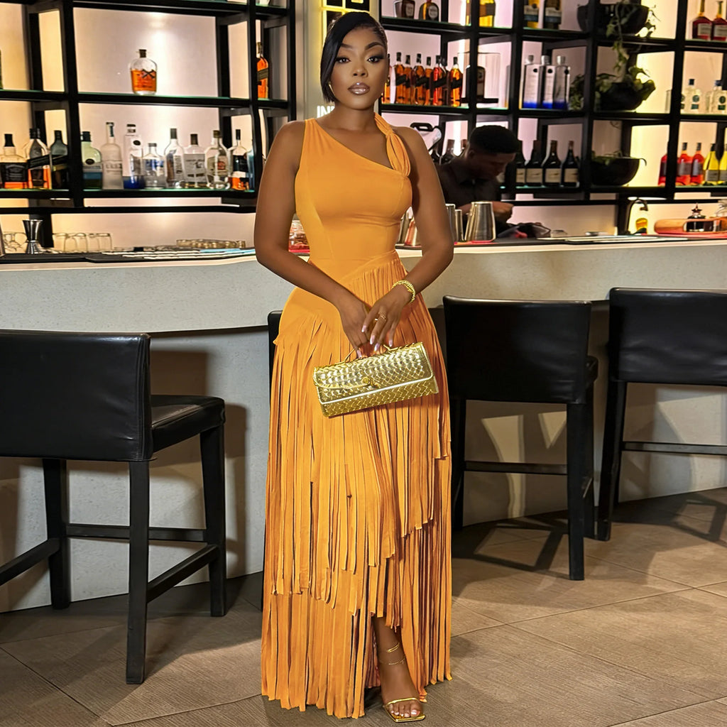 Summer Solid Color Tassel Dress for Women Elegant Slim Fit Women's Dress Fashionable Casual Maxi Dress