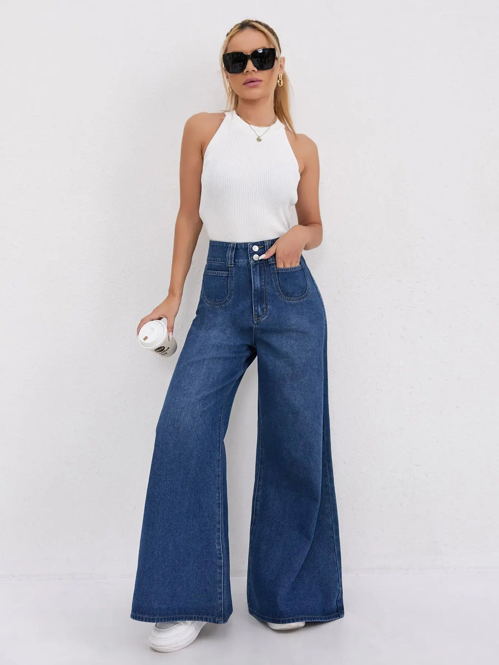 Trendy Womens Jeans Baggy Jeans Wide Pants High Waist Loose Fit Two Button Solid Color Wide Leg Denim Trousers For Ladies