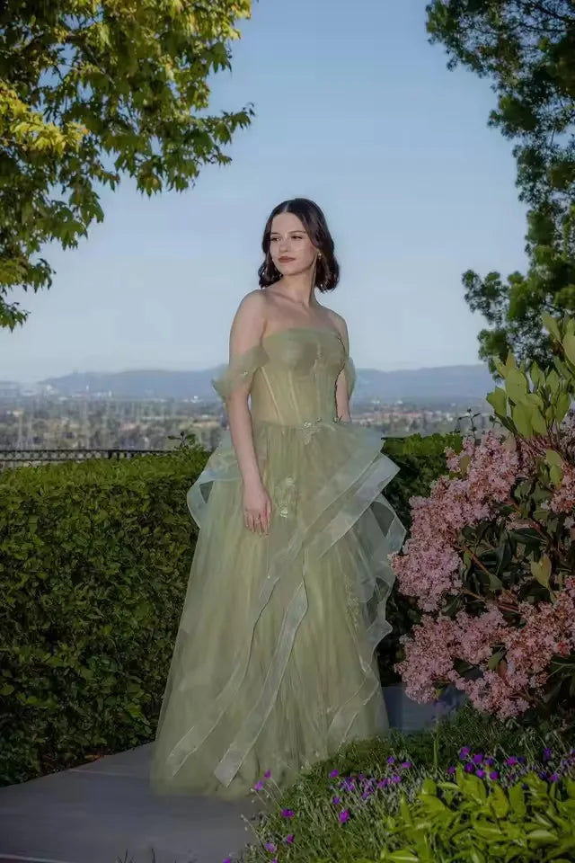 ROSES Sage Green Prom Dress Appliques Tulle Celebrity Dresses Tiered Pleat Women's Evening Dress Sweetheart Formal Gown 프롬 드