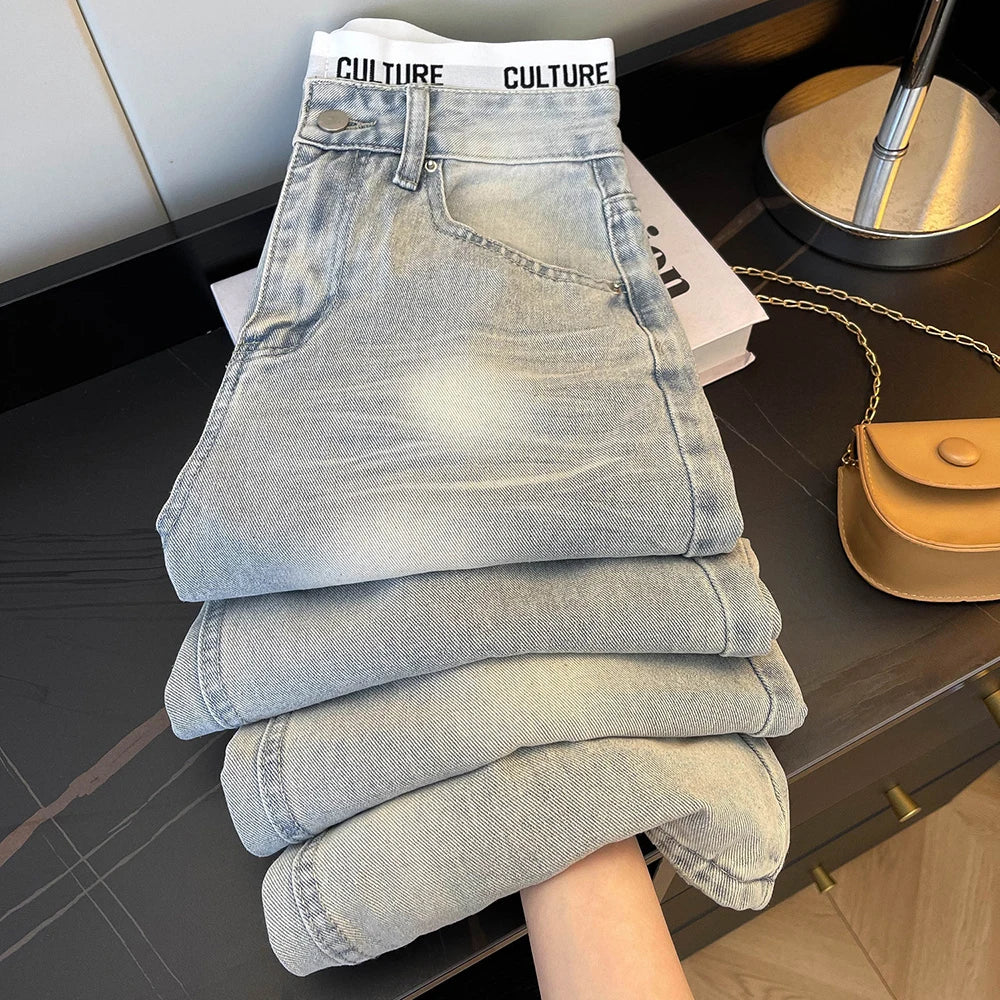 American Vintage Ripped Patchwork Jeans for Women Light Blue High Waist Straight Loose Denim Pants Spring Fall Wide Leg Trousers