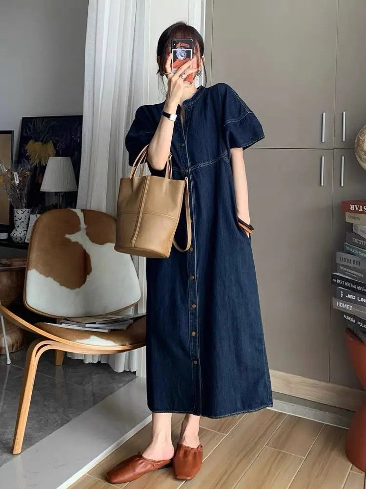 Long Dress Women Denim Dresses V Neck Short Sleeve A Line Vestidos Elegant Splice Single Breasted Y2k Streetwear Work Vintage