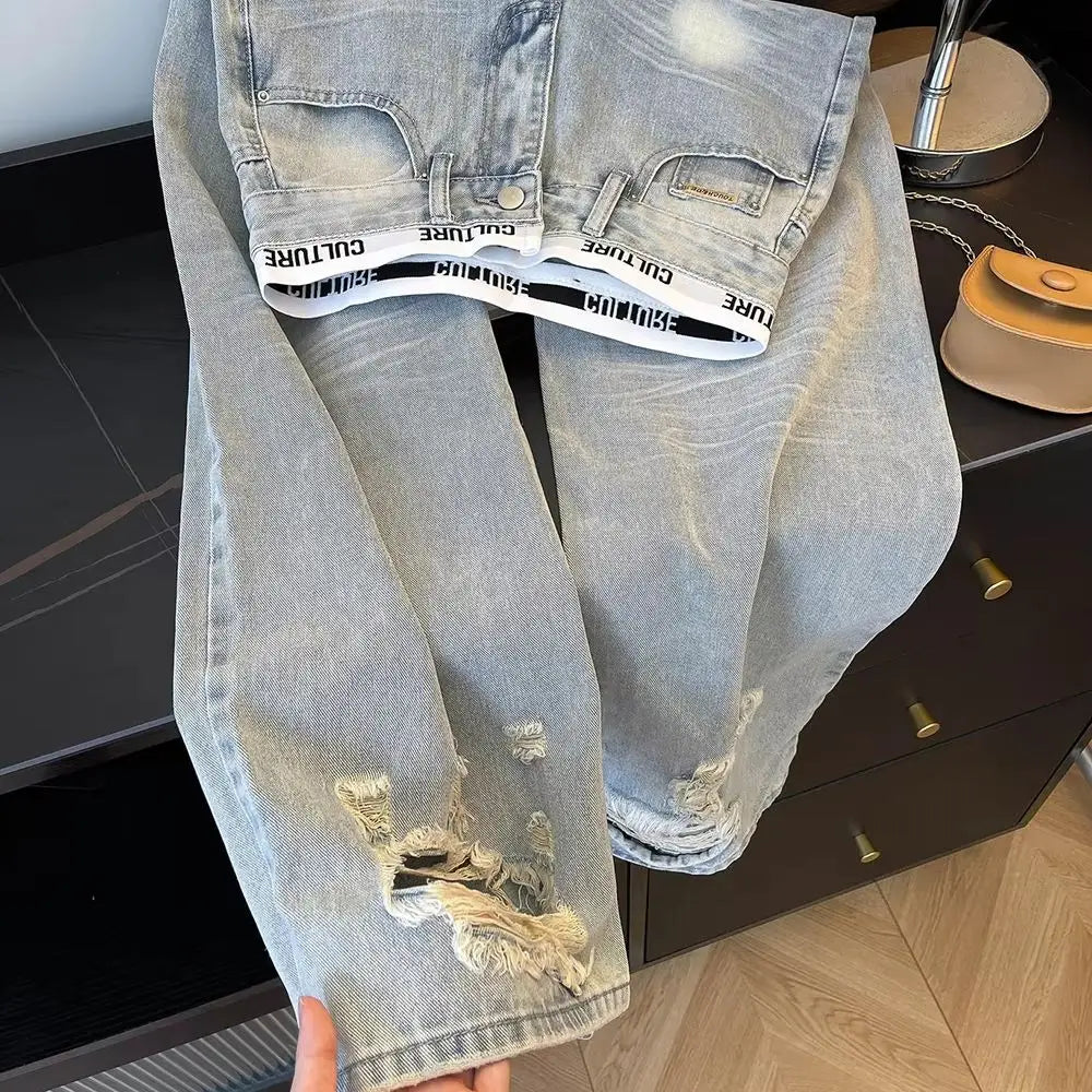 American Vintage Ripped Patchwork Jeans for Women Light Blue High Waist Straight Loose Denim Pants Spring Fall Wide Leg Trousers