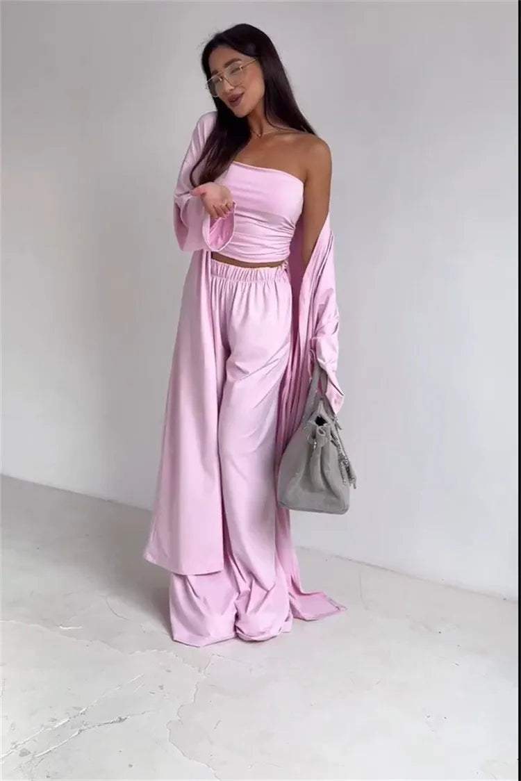 2 Piece Set Women's Summer Suit Black Crop Top Beige Wide Leg Pants Maxi Length White Long Pants Ruched Waist Solid Color
