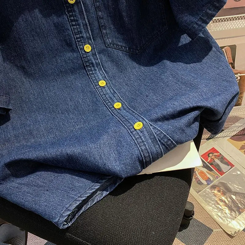 Denim Pant Set Women Two Piece Sets Turn Down Collar Shirt Tops Short Pants Lace Up Elastic Waist Y2k Streetwear Elegant Casual