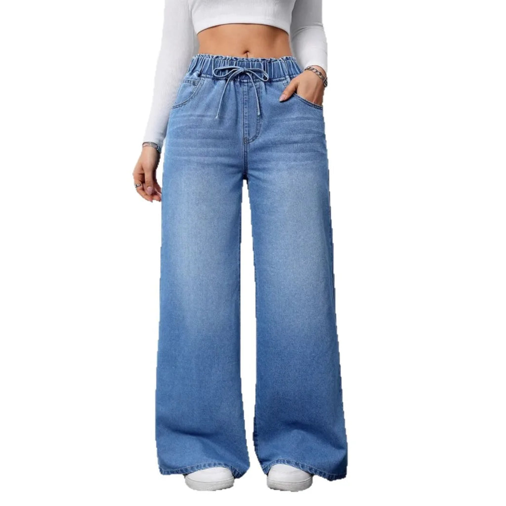 Wide Leg Pants Jeans Women Washed Denims Elastic Waist Lace Up Distressed Vintage Streetwear Female Full Length Loose Trousers