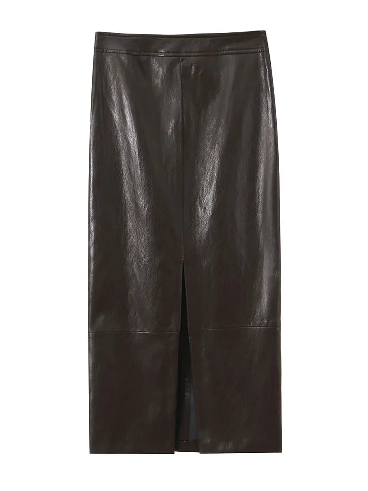 HH Women Elegant Fashion Faux Leather Vest Skirts Suits O Neck Belt Tops Slit Midi Skirt Casual Office Lady Chic 2 Piece Set
