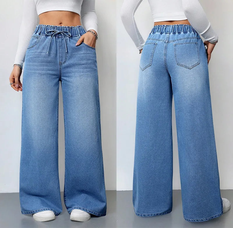 Wide Leg Pants Jeans Women Washed Denims Elastic Waist Lace Up Distressed Vintage Streetwear Female Full Length Loose Trousers