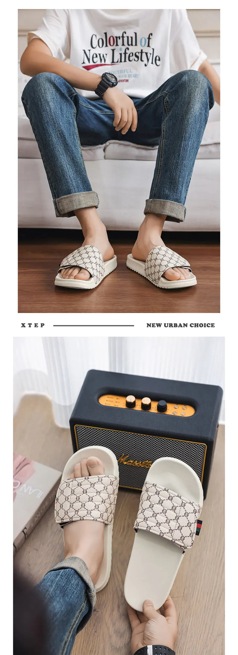 Men's Printed Skateboard Sandals Casual Non-Slip Thick-Soled Slippers Fashionable Summer Beach Indoor and Outdoor Home Shoes