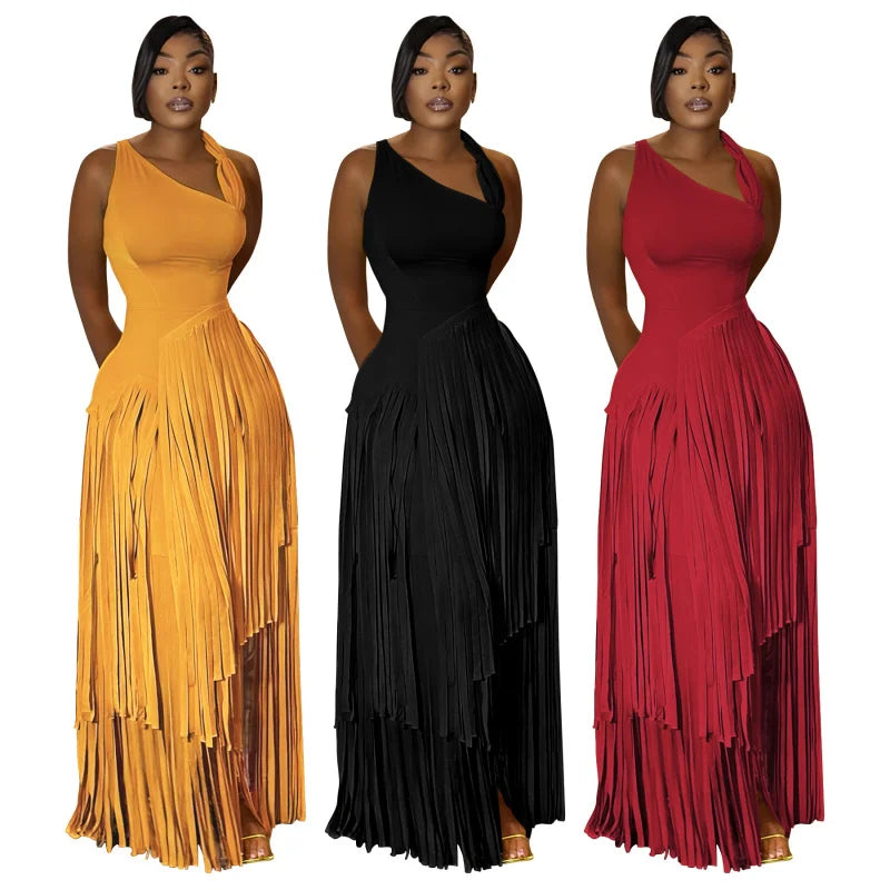 Summer Solid Color Tassel Dress for Women Elegant Slim Fit Women's Dress Fashionable Casual Maxi Dress